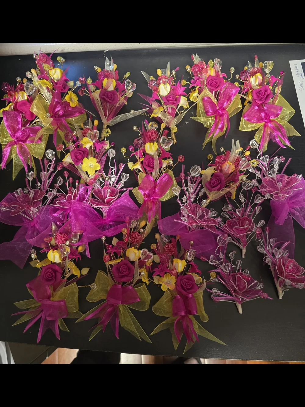 Bright Pink and Yellow Faux Floral Boutonniere Set by